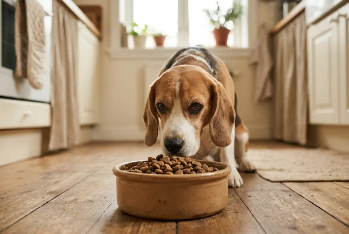 Beagle frisst Trockenfutter aus einem Keramiknapf in einer hellen Küche