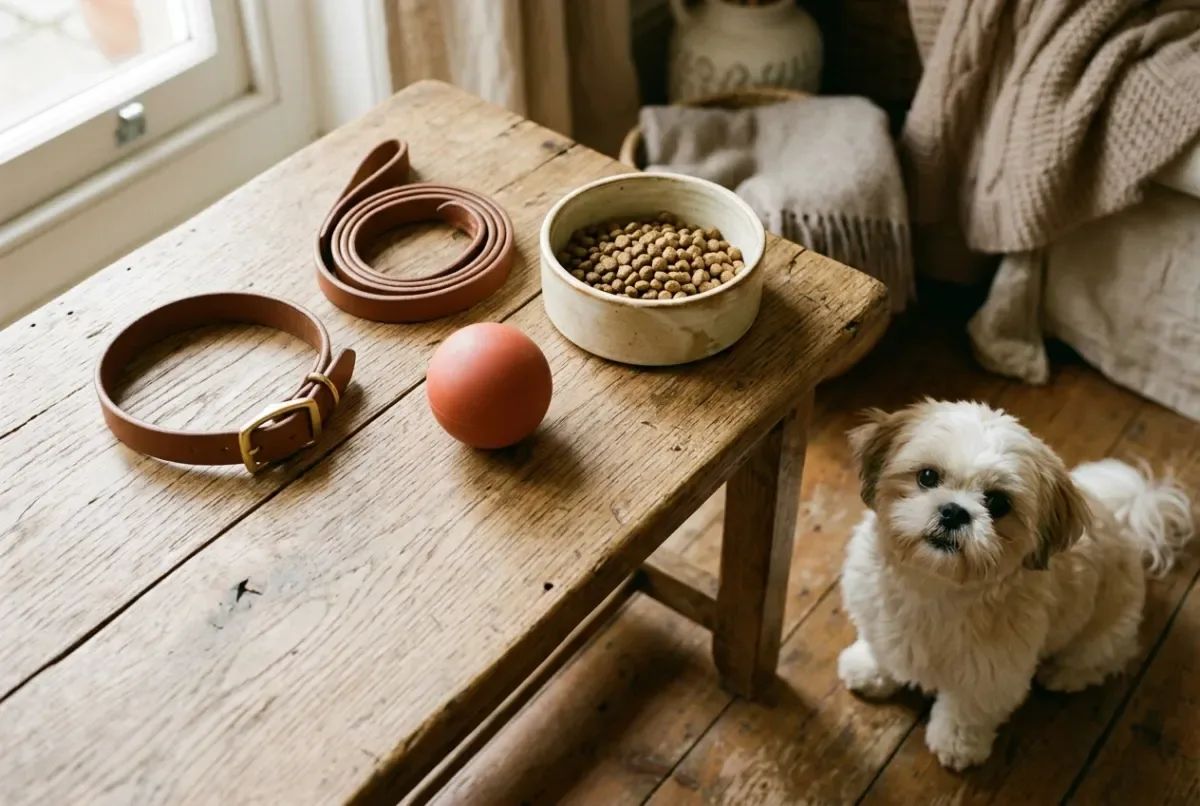 Hundeleine, Halsband, Ball und Futternapf auf einer Holzbank, dahinter ein kleiner Hund